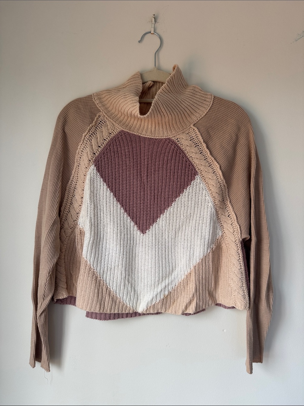Free People Chevron Cowl Neck Sweater in Mauve, Blush & Cream